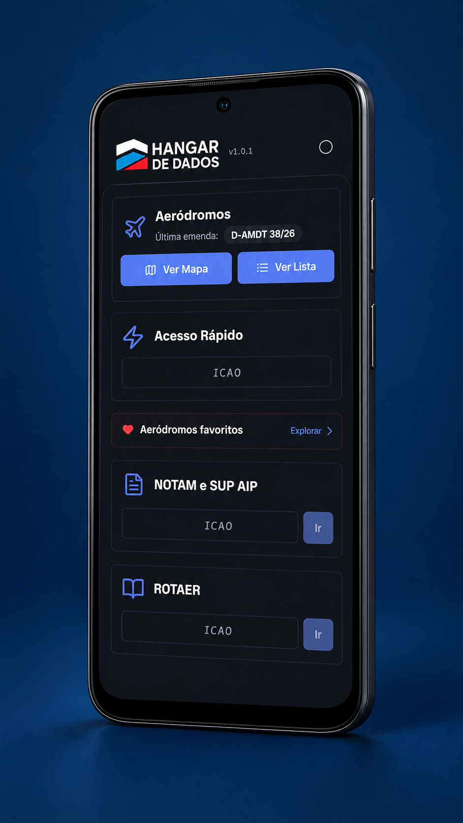 Apresentação do Hangar de Dados em um celular Android